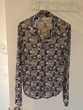 Zara Black/White Y2K Circle/Polka Dot Print Shirt Point-collar Blouse (Size L)